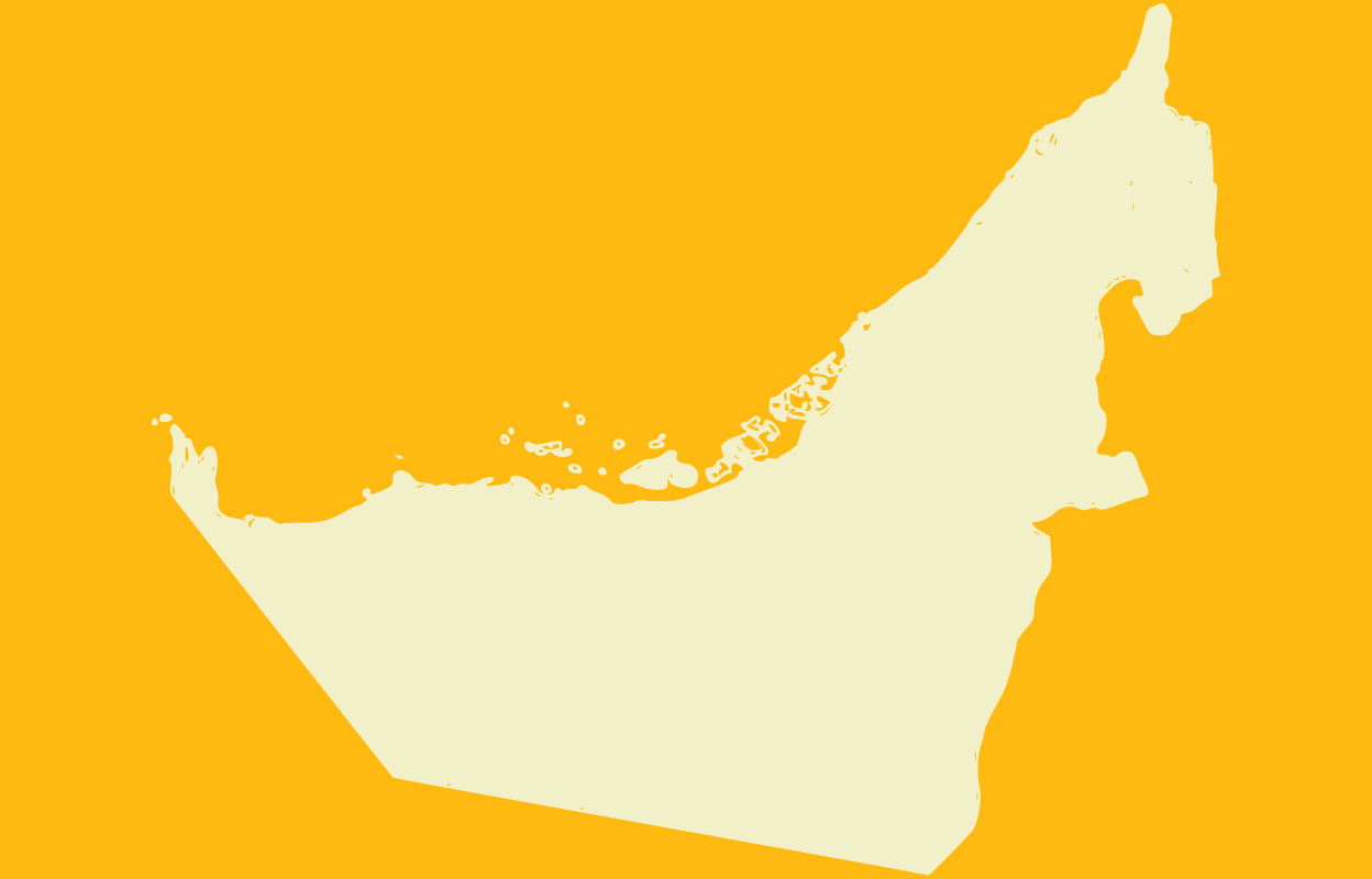 Beige outline of the United Arab Emirates on a yellow background